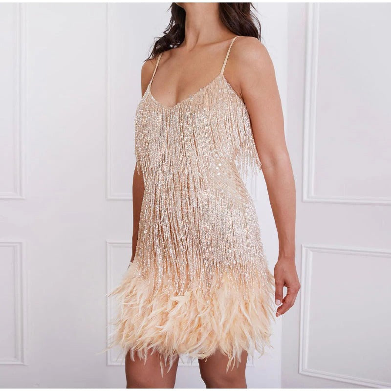 Coco Get in The Groove Sequin Fringe Feather Mini Dress Pink / S