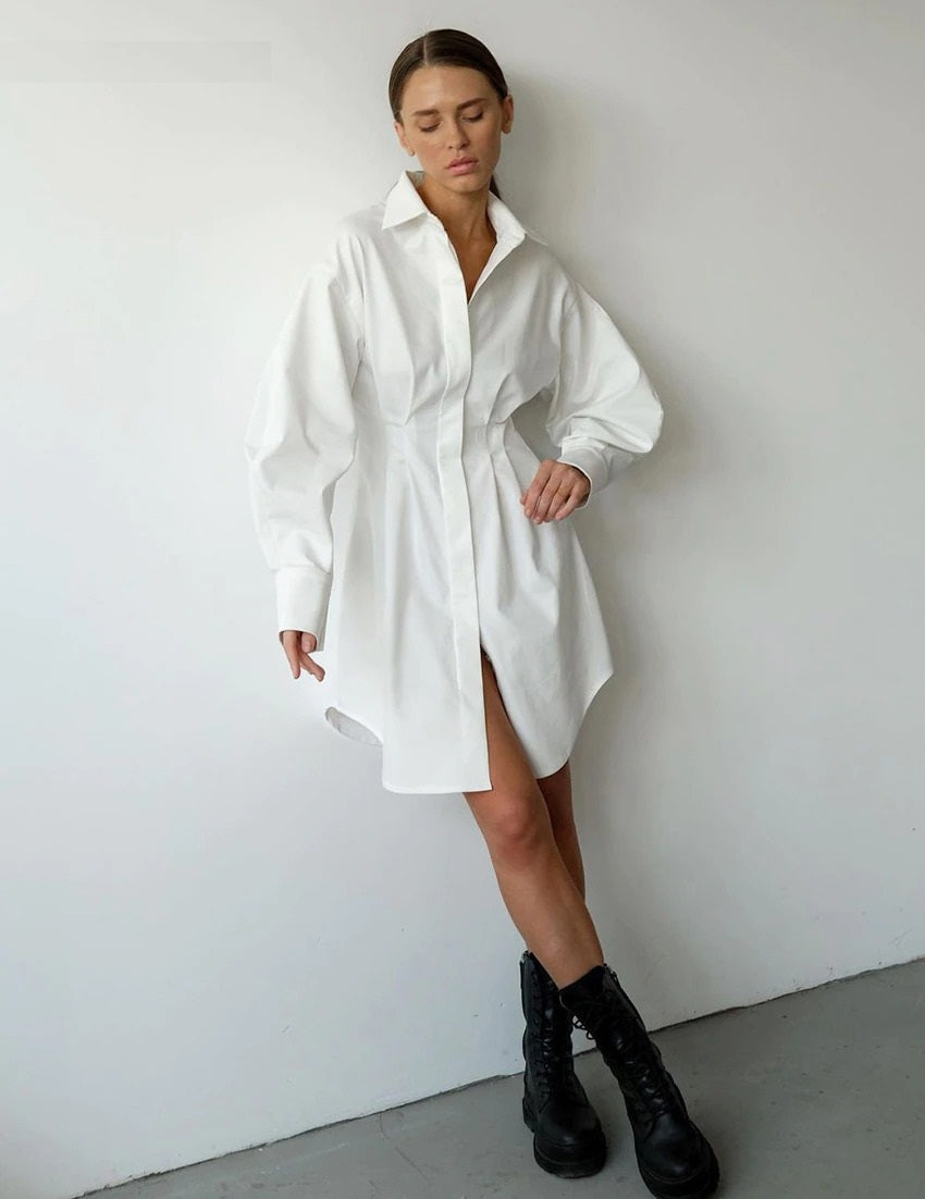 Coco Pleated Waist Shirt Dress White / S