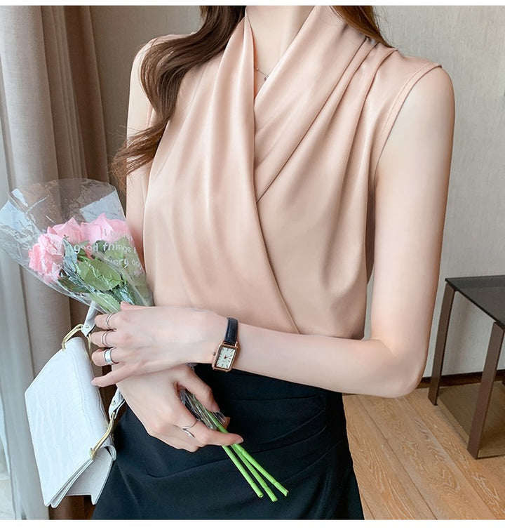 COCO Wrap Couture Sleeveless Satin Pullover Top