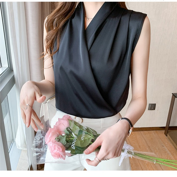 COCO Wrap Couture Sleeveless Satin Pullover Top