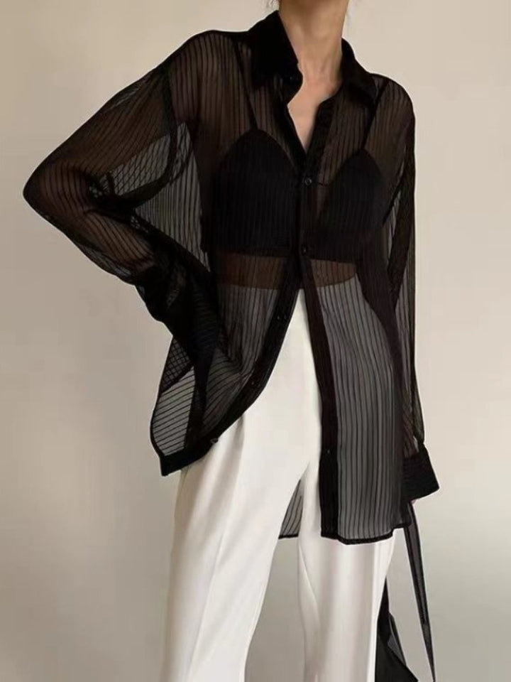 Modern Aura Black Sheer Buttoned Down Top