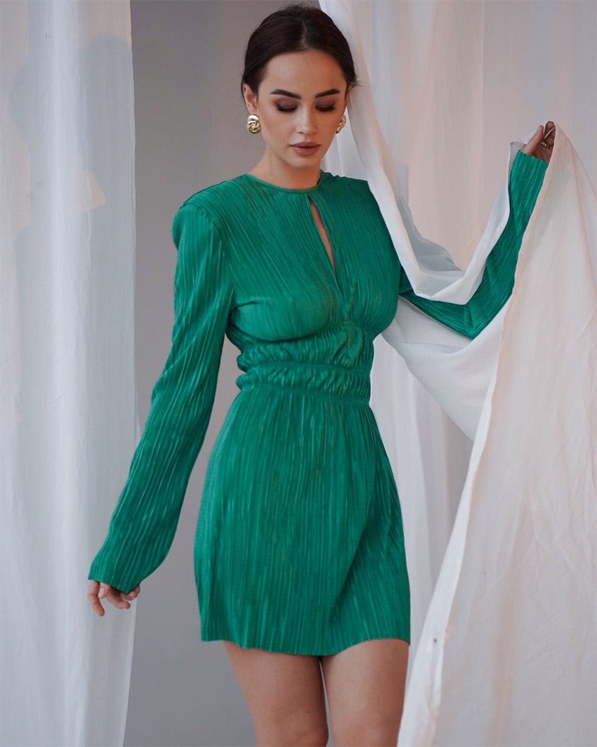 COCO Amalfi Coast Pleated Long Sleeves Keyhole Mini Dress