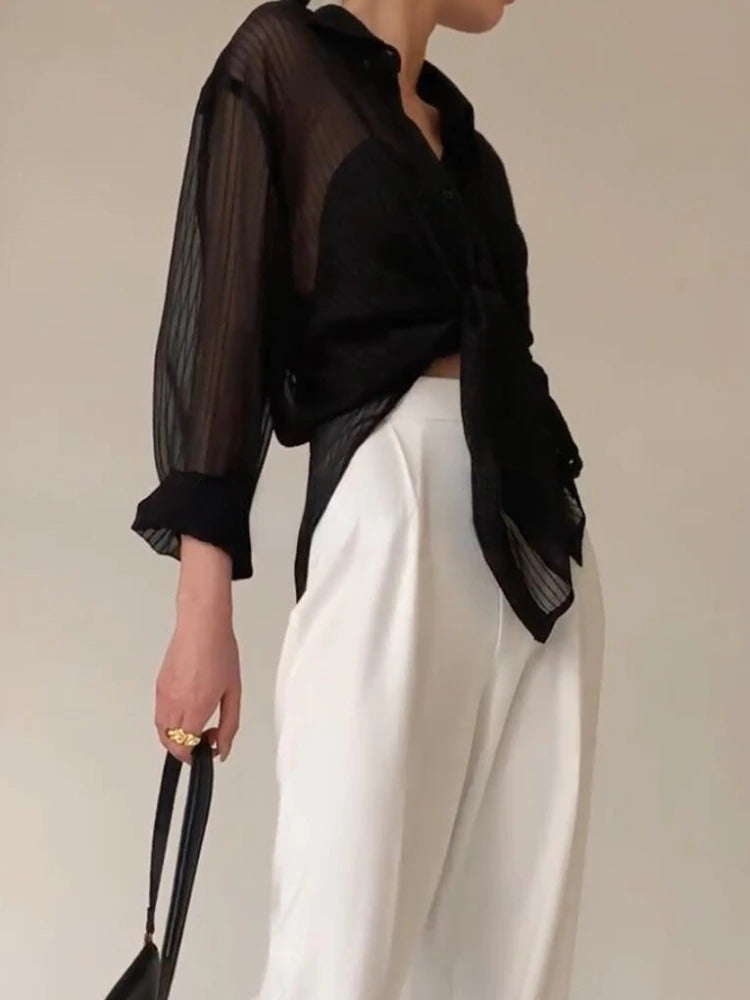 Modern Aura Black Sheer Buttoned Down Top