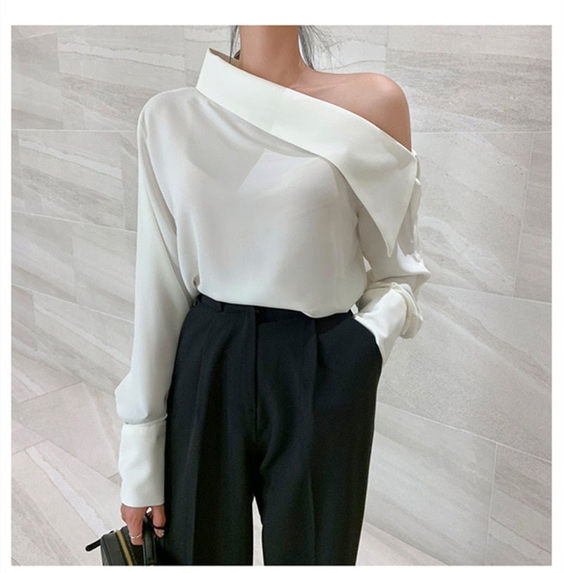 COCO Deidre Vintage Style Off shoulder Skewed Collar Blouse