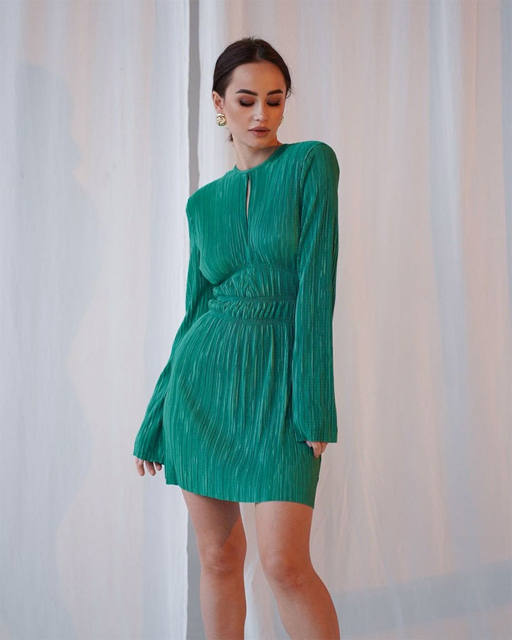 COCO Amalfi Coast Pleated Long Sleeves Keyhole Mini Dress