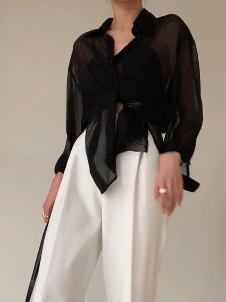 Modern Aura Black Sheer Buttoned Down Top