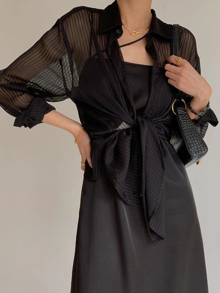 Modern Aura Black Sheer Buttoned Down Top