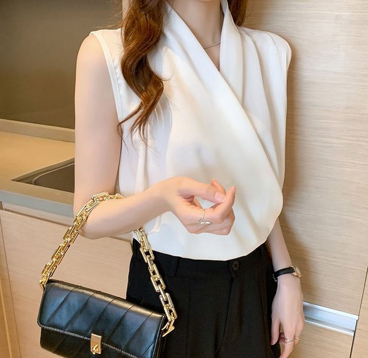 COCO Wrap Couture Sleeveless Satin Pullover Top