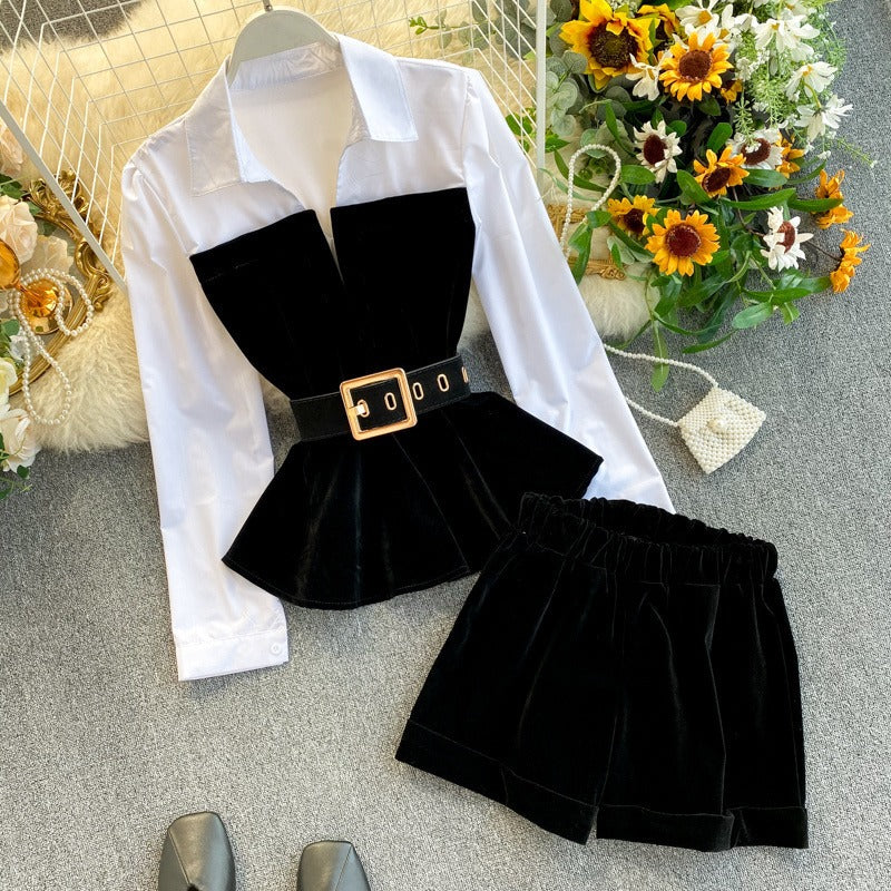 COCO Panache Patchwork Velvet White and Black Blouse & Shorts Set