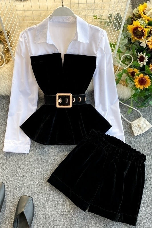 COCO Panache Patchwork Velvet White and Black Blouse & Shorts Set