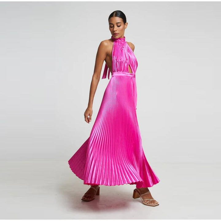 Thought of you Satin Pleated Halter Midi Dress