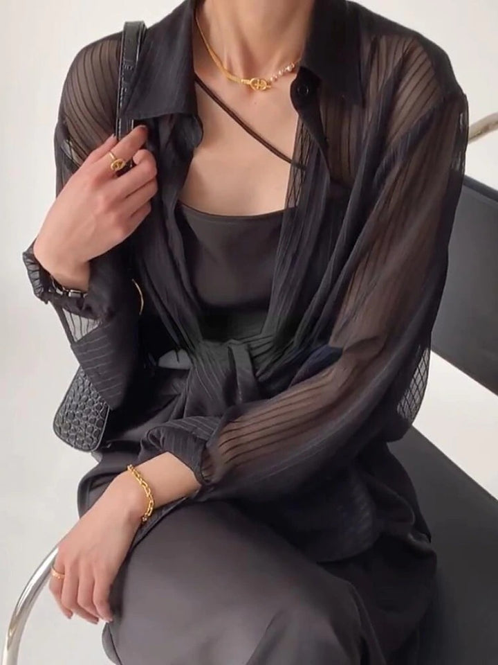 Modern Aura Black Sheer Buttoned Down Top