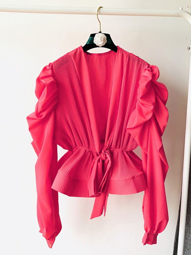 Sweet Victory Pleated Tie-Front Long Sleeves Top