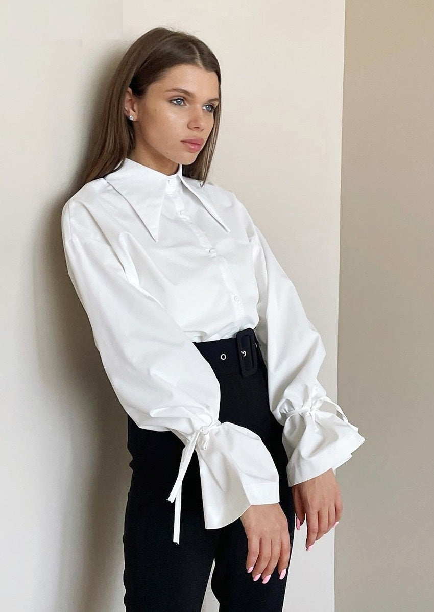 COCO Sophisticated Vibes Ribbon Cinched Sleeves White Blouse