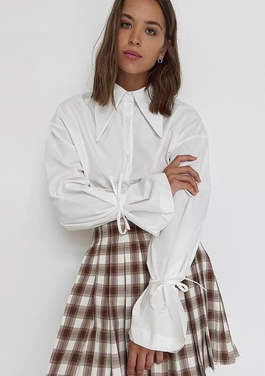 COCO Sophisticated Vibes Ribbon Cinched Sleeves White Blouse