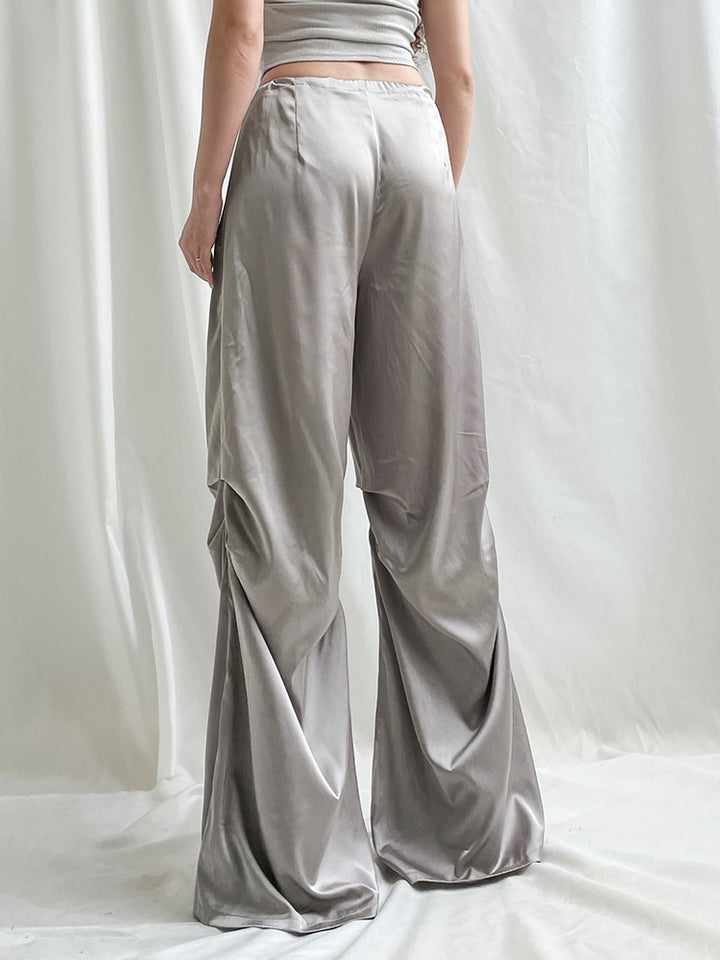 COCO Dreamy Satin Cinched Wide-Leg Metalic Pants