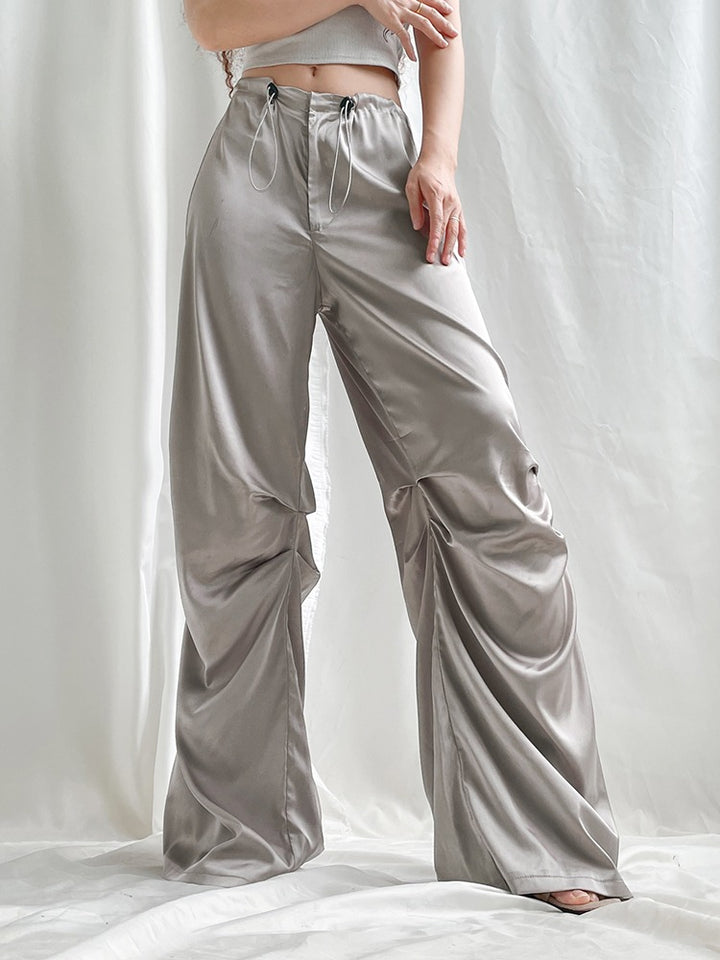 COCO Dreamy Satin Cinched Wide-Leg Metalic Pants