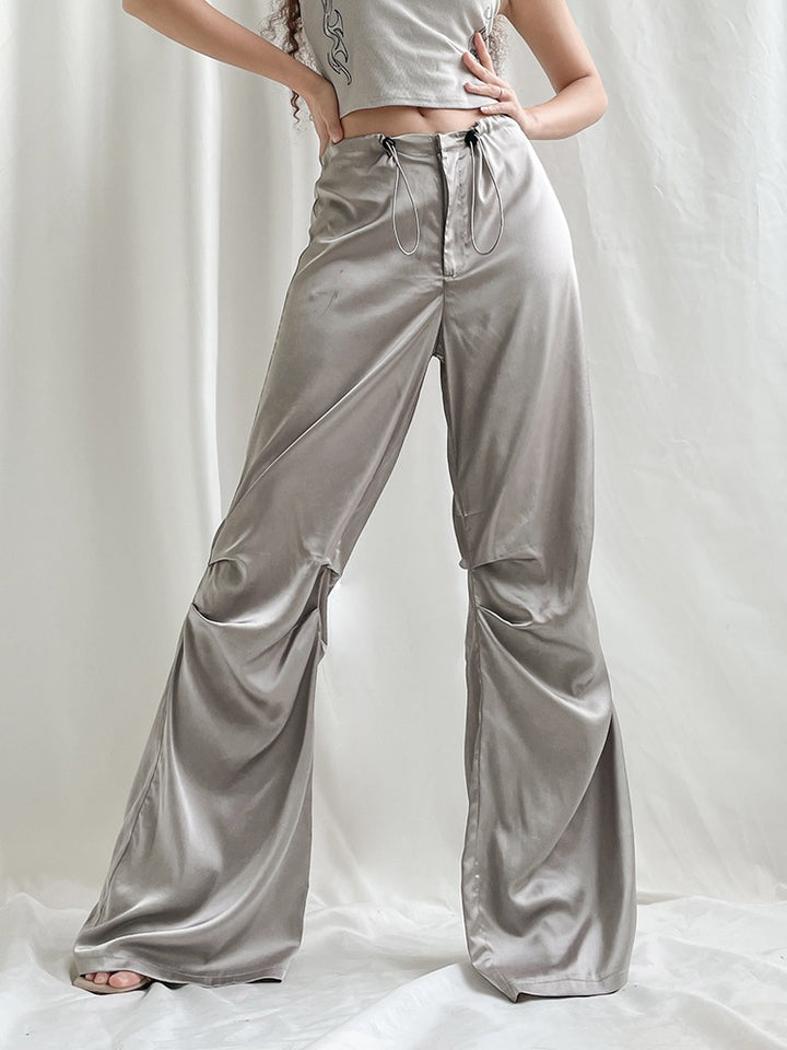 COCO Dreamy Satin Cinched Wide-Leg Metalic Pants