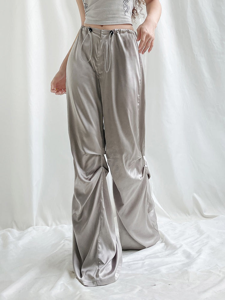 COCO Dreamy Satin Cinched Wide-Leg Metalic Pants