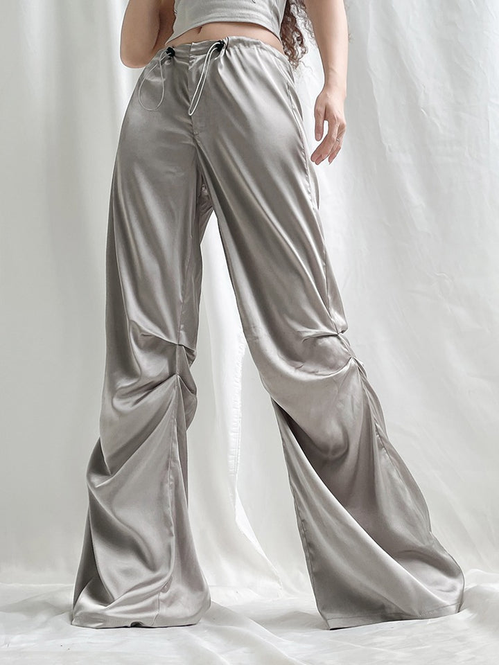 COCO Dreamy Satin Cinched Wide-Leg Metalic Pants