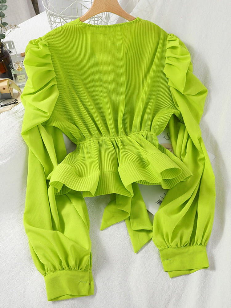 Sweet Victory Pleated Tie-Front Long Sleeves Top